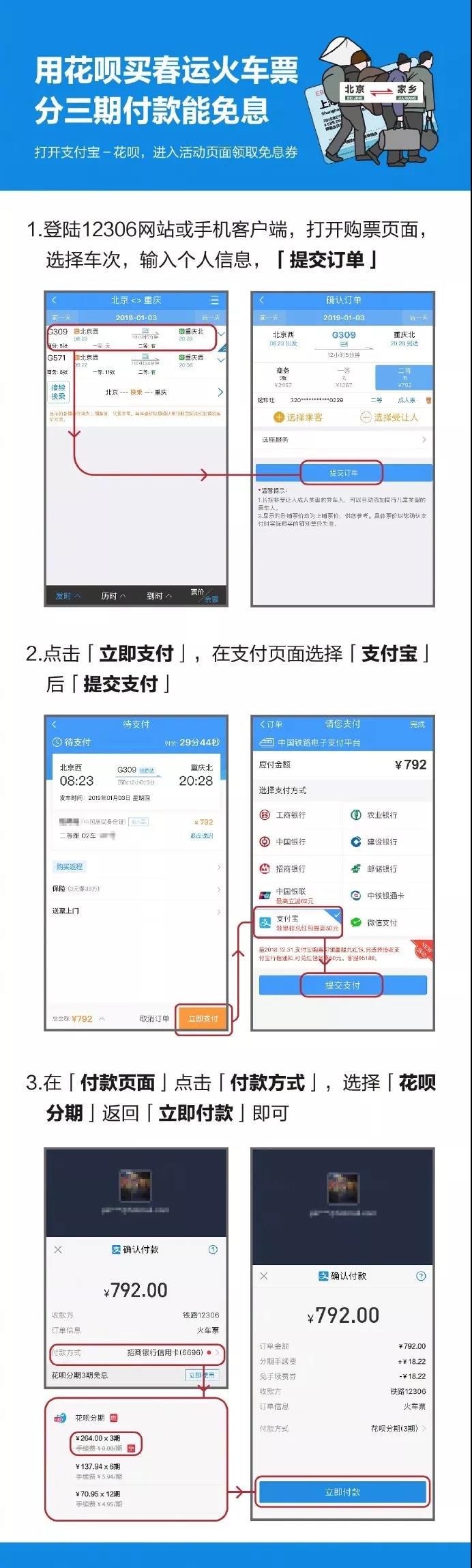 春运火车票支持花呗免息分期购买